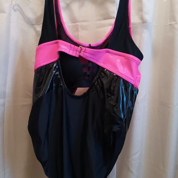 Pink and Black Pleather Cutout Swimsuit - Picture 4 of 6